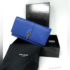 Saint Laurent Y-Chyc Authentic Royal Blue Leather Zip Wallet – Gold “Y” Hardware